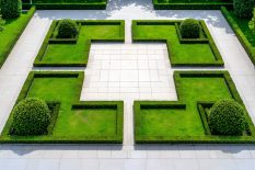 Exquisite Formal Parterre Garden with Intricate Boxwood Hedge Patterns and Symmetrical Layout Captured from a Bird s Eye Perspective