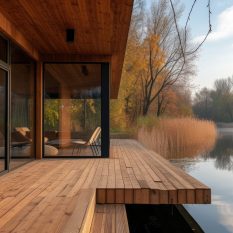 a beautiful wooden cabin near the river, close up porch, clean and minimalist modern wooden material architecture design --ar 3:2 --v 6 Job ID: 54ea1b0d-2a5d-4930-aa94-66479700c56b