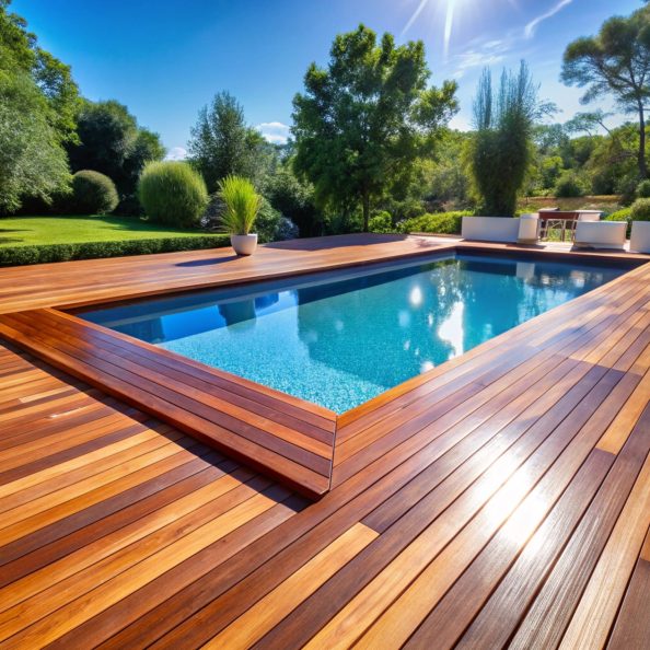 Hardwood ipe pool deck on direct sun heat, summer swimming pool decking design idea